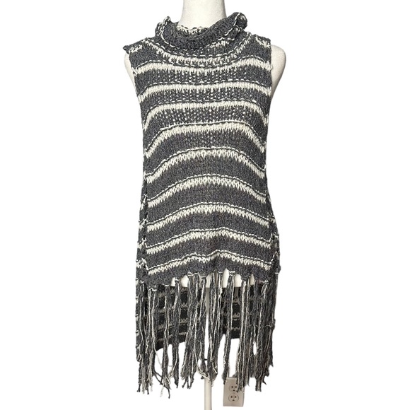 Free People Striped Grey and White Folksong Fringe Knit Boho Cowl Neck Sweater - Picture 3 of 7